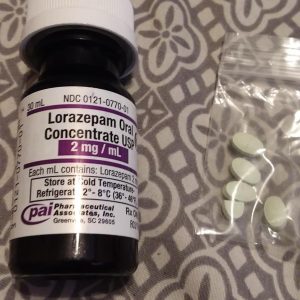 Flaska med Lorazepam Ativan oral lösning för behandling av ångest i Sverige.